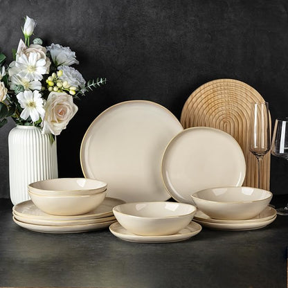AmorArc Ceramic Dinnerware Sets,Handmade Reactive Glaze Stoneware Plates and Bowls Sets,Highly Scratch Resistant | Dishwasher & Microwave Safe Dishes Set,Service for 4 (12pc)