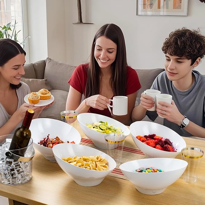 BESTVIP 54oz White Plastic Serving Bowls for Party - 12 Pack Angled Disposable Serving Bowls, Party Bowls for Chips, Snacks, Fruit, Salad - Bowls for Parties, Daily Use,Halloween, Christmas