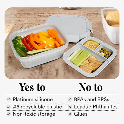 STOJO Collapsible Bento Box, Reusable, Leak-Proof, Microwave & Dishwasher Safe, Premium Lunch Container with Divider – Space-Saving, Transparent Design (Cashmere, 2.75-Cup/650mL)