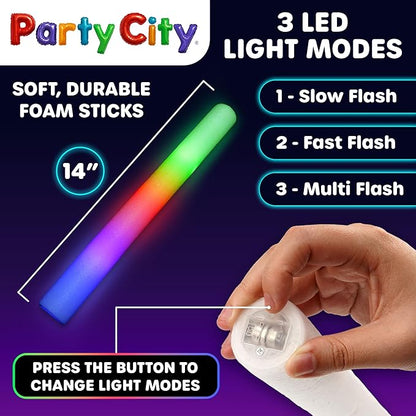 Party City 96pk LED Foam Glow Sticks 14?? Glow in the Dark Party Supplies Favors, Colorful Flashing Wand with 3 Modes, Foam Light Up Sticks Bulk Party Pack for Wedding, Birthday, Concert, Halloween