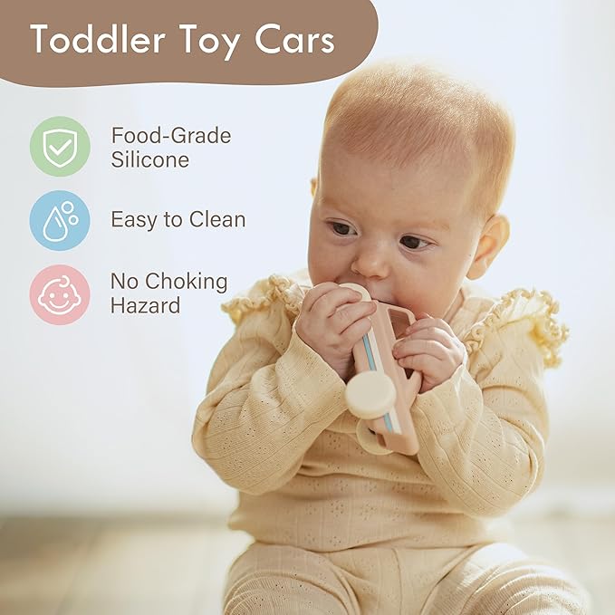Moonkie Food Grade Silicone Toy Cars for Toddlers 1-3, Push and Go Baby Car Toys 6-12 Months+, One-Piece Design Infant Toys, Birthday Gifts for 1 Year Old Boy Girl, Easy to Clean & Grasp, 3 Pack
