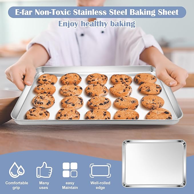 E-far Stainless Steel Baking Sheets, 12.4” x9.7” x 1” Baking Cookie Sheets Pans
