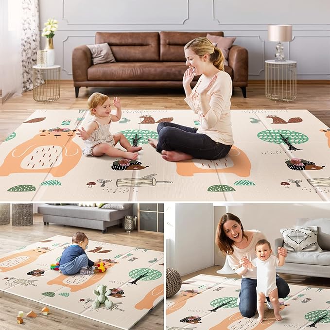 UANLAUO Foldable Baby Play Mat, Extra Large Waterproof Activity Playmats for Babies,Toddlers, Infants, Play & Tummy Time, Foam Baby Mat for Floor with Travel Bag (Bear(71x59x0.4inch))