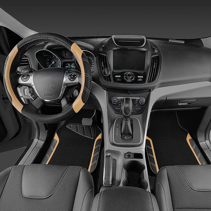 CAR PASS Microfiber Steering Wheel Cover and Waterproof Car Floor Mats,Leather Universal Car Combo Fit for 95% Truck,SUV,Cars,14.5-15inch Sporty Anti-Slip Safety Comfortable Design(Black and Beige)