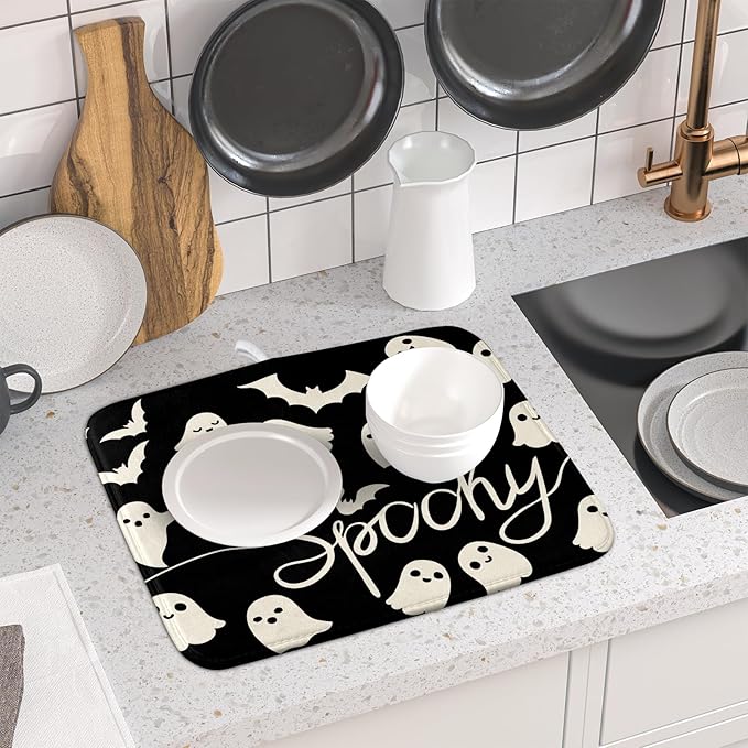 Halloween Dish Drying Mat for Kitchen Counter 16x18 Cute Ghost Black Spooky
