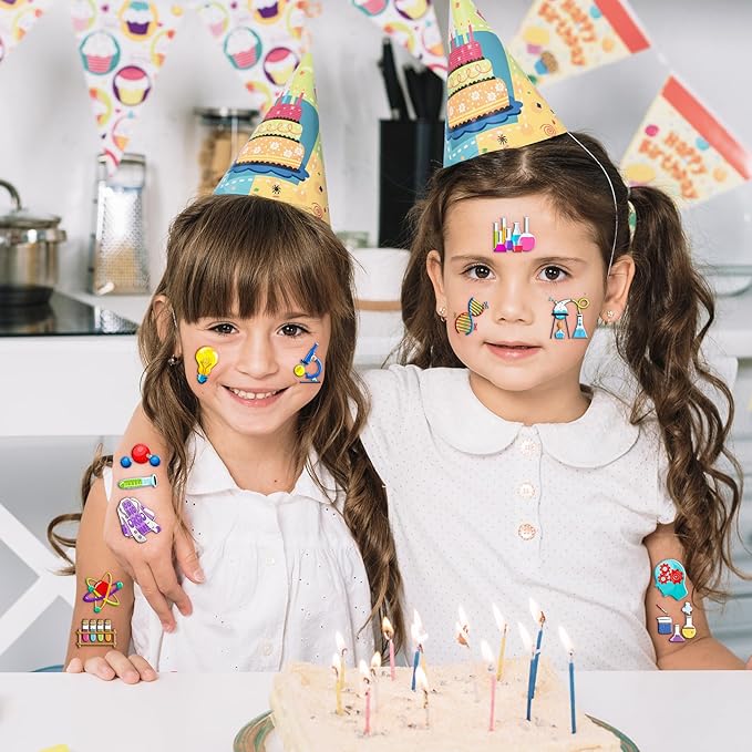96PCS Funny Science Temporary Tattoos Mad Scientist Laboratory Themed Birthday Party Decorations Favors Supplies Decor Math Chemistry Experiment Tattoo Stickers Gifts For Kids Boys Girls School Prizes