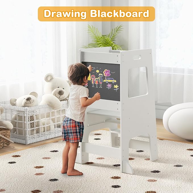 INFANS Toddler Standing Tower, Kids Montessori Kitchen Step Stool Helper with 2 Adjustable Height Learning Blackboard Safety Rail Wooden, Anti-Slip Mats, 1-3 Year Old Boy Girl Gifts (White)