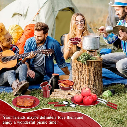 Nuogo 48-Piece Enamel Camping Dinnerware Set | Service for 8, Red