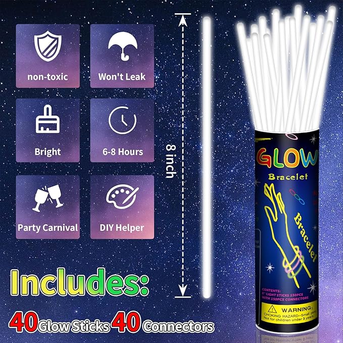 40 Pack 8??White Glow Sticks Bracelet Necklaces Bulk with 40 Connectors Neon Glow In The Dark Party favors Supplies for Holiday Birthday Party Decoration (White)