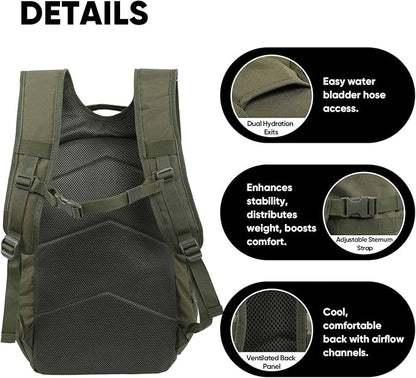35L Tactical Backpack for Men, MOLLE Military Bug Out Bag, Waterproof Rucksack for Hiking with Hydration Port Army Green