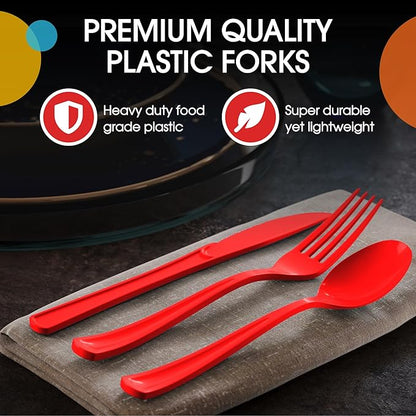 Party Solids Red Plastic Silverware Heavy Duty 150 Pieces Red Plastic Cutlery Sets, Utensil Sets, 50 Of Each Forks, Knives & Spoons Disposable Cutlery Set, Flatware Set For Party Supplies