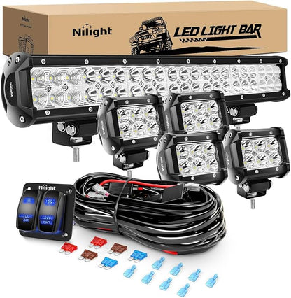 Nilight 20Inch 126W Spot Flood Combo Led Light Bar 4PCS 4Inch 18W Spot LED Pods Fog Lights with LED Light Bar Wiring Harness Kit for Truck Tractor Off-Road Pickup Golf Cart SUV ATV UTV 4x4 Van Camper