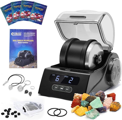 Rock Tumbler Kit Adults - Rock Polisher Tumbler with Noise Reduction Cover, Speed&Timer Control, Includes 4 Polishing Grits, Rough Gemstones, Learning Guide etc., Great Science Gift for All Ages