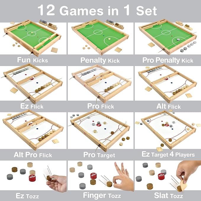 Big Flick n Kick: Wooden Multi Tabletop Indoor Portable Board Games for Kids and Family