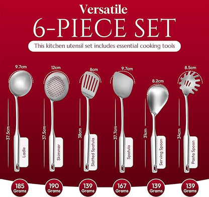 6 Pc Stainless Steel Cooking Utensils Set with Ergonomic Handles – Heat Resistant Kitchen Tools Includes Slotted Spatula, Skimmer Ladle, Spatula, Serving Spoon, Pasta Spoon Ideal for Cooking