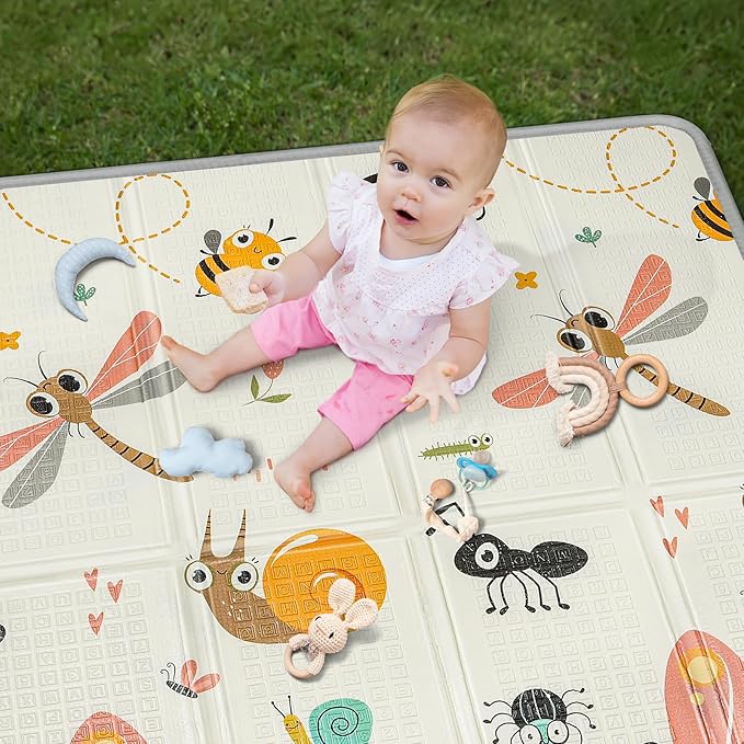 Foldable Baby Play Mat, PIGLOG 0.6in Thick Waterproof Playmats for Babies and Toddlers Kids, Safe Foam Playmat for Tummy Time, 50x50 Playpen Mat, Reversible Portable Floor Mat for Infant, Dragonfly