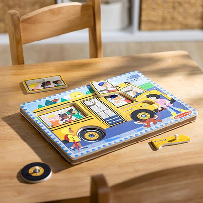 Melissa & Doug The Wheels on The Bus Song Puzzle – 8-Piece Wooden Peg Puzzle with Light-Activated Sounds, Music Learning Toy for Toddlers and Preschoolers Ages 2+