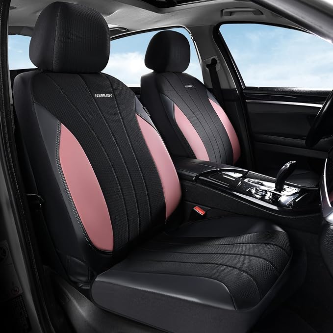 Coverado Automotive Seat Covers Front Seats, Luxury Car Seat Covers, Leather Seat Covers 2-Pack, Mesh Design, Pink Driver Seat Protectors, Universal Fit for SUVs, Trucks, Sedans