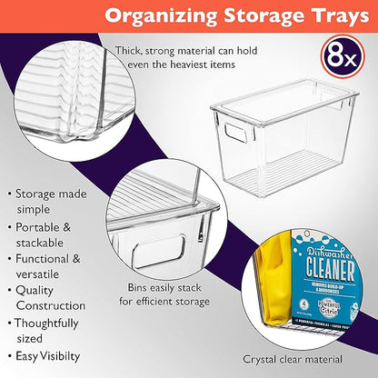 ClearSpace Modern Plastic Storage Bins with Lids Perfect Kitchen Organization or Pantry Fridge Organizer, 8 Pack, Transparent, Rectangular, 12.5" x 6" x 7", 9L Capacity, 8 Compartments