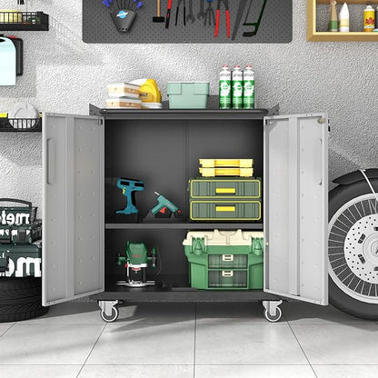 Metal Storage Cabinet with Wheels, Rolling Tool Cabinet with Doors and Shelves