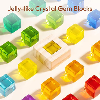 Woodtoe Wooden Rainbow Building Blocks Set for Kids, 22 PCS Wooden Blocks & 25 PCS Gem Cubes Stacking Blocks, Montessori Stacking Toys for Toddlers, Educational STEM Easter Toys for Boys Girls 3-6