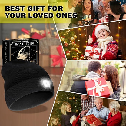 VIBELITE LED Beanie Hat with Light, USB Rechargeable LED Headlamp, Gifts for Men, Him, Husband, Boyfriend,Gifts for Dad, Husband, Father, Black