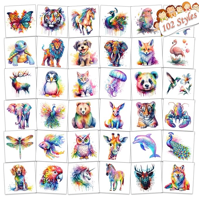 102 PCS Individually Wrapped Watercolor Animals Temporary Tattoo for kids - Cute Animals Temporary for Girls Boy Body Arm Shoulder Cute Tattoos Stickers, Birthday Party Supplies Gifts for Kids