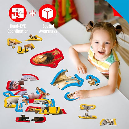 12 Pack Wild Animal Puzzles, 48 Pieces Step-by-Step Animal Jigsaws, Realistic Safari Animal Jigsaw Puzzles with Name Guide Early Learning for Beginner Preschool Toddlers 3+ Years Old