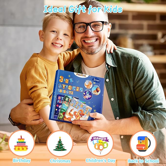 PERRYHOME 3PCS Sticker by Number Paint Books for Kids Ages 4-8, Dinosaur Animal Space Themes Sticker Activity Books, Boys Crafts Party Birthday Christmas Gifts Toys