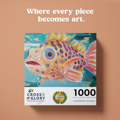Cross & Glory - Pufferfish Odyssey: A Deep Sea Masterpiece - 1000 Piece Jigsaw Puzzle for Adults | Best New Ocean Art Puzzle | Vibrant Underwater Artwork for Relaxation and Fun