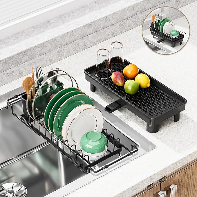 SanDream Dish Drying Rack, Small Over Sink Dish Drying Rack, Expandable Over