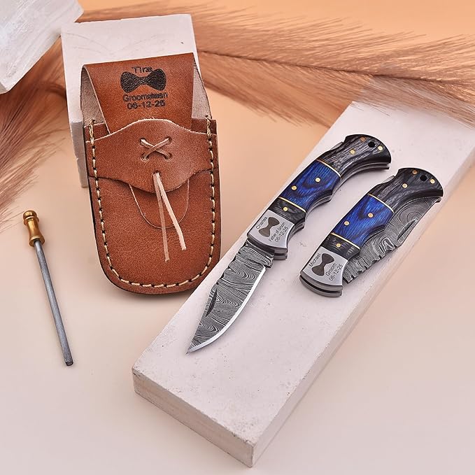 Set of 5 - Personalized Damascus Pocket Knife for Groomsmen -With Leather Sheaths - Custom Engraved Pocket Knives | Groomsman Gifts for Wedding, Groomsmen Proposal Gifts