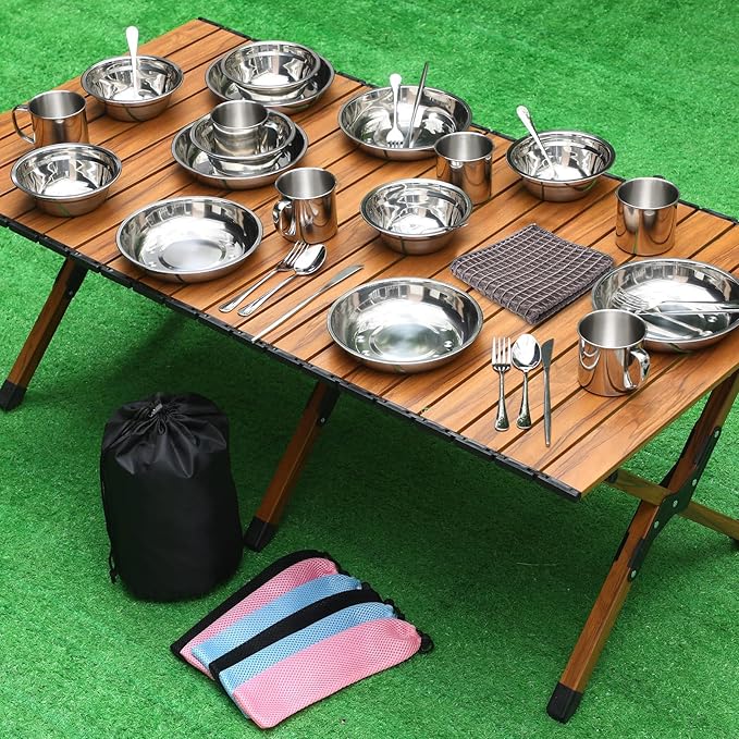 Lallisa Outdoor Camping Cookware Mess Kit Polished Stainless Steel Dishes Camping Utensils Portable Tableware with Plates Cups Spoons Forks Knives Mesh Bag for Backpacking Hiking