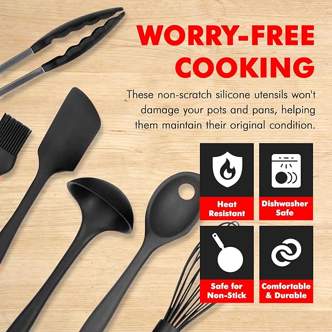 Chef Craft - Premium Silicone Kitchen Tools and Utensils Set, Non-Scratch, Withstands Temperatures up to 450°F, BPA-Free, 9 Piece Cooking Utensils Set, Black