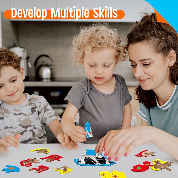 12 Pack Realistic Animal Puzzles, 48 Pieces Step-by-Step Animal Jigsaws, Farm Animal Jigsaw Puzzles with Back Footprint Guide Early Learning for Beginner Preschool Toddlers 3+