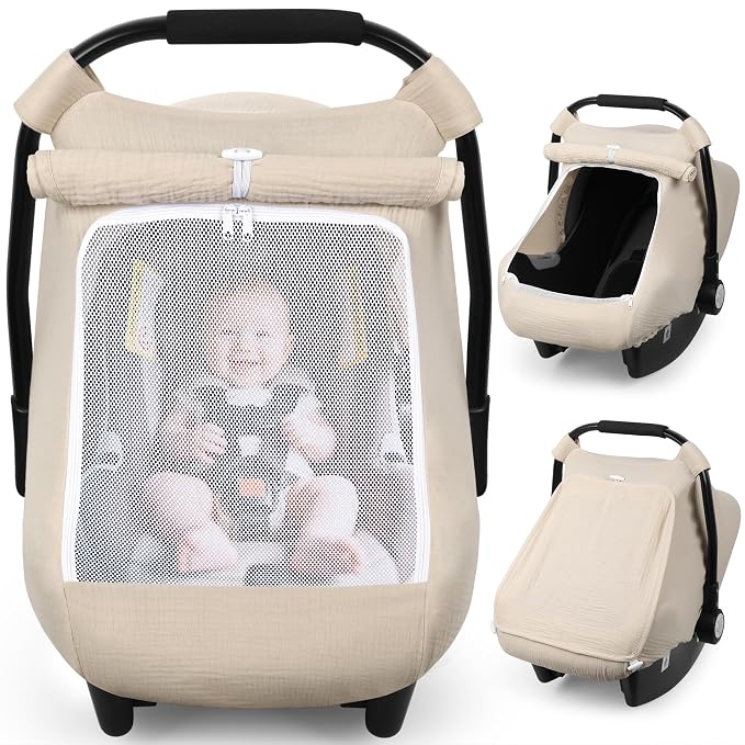 Rquite Car Seat Cover Baby, Carseat Covers Girl Boy, Breathable Muslin Cotton, Large Mesh Window, Infant Car Seat Canopy Baby Carrier Cover Stroller Sun Shade for Summer & Hot Day, Beige