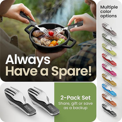 Orblue 4-in-1 Camping Eating Utensils, 2-Pack - Portable Spoon, Fork, Knife & Bottle Opener Combo Set - Stainless Steel Flatware with Detachable Fork - Travel, Backpacking Cutlery Multitool, Black