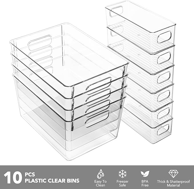 Tiawudi Set of 10 Clear Plastic Storage Bins, 4 Large and 6 Small Stackable