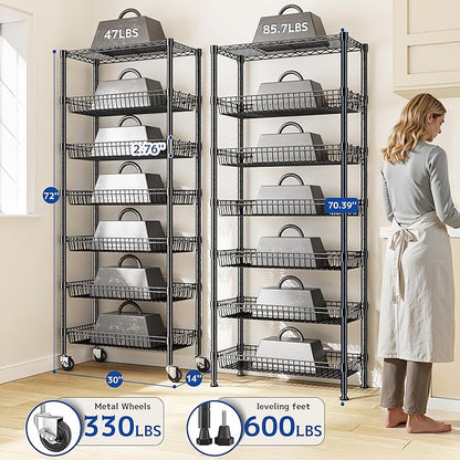 7 Tier Wire Shelving with Wheels 72" H Adjustable Basket Shelf Storage Shelves with Hooks for Kitchen Bathroom Pantry Shelves Closet Laundry Room Organization 72" H x 30" W x 14" D, Black