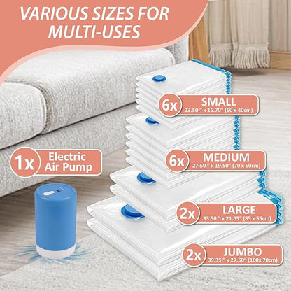 Cozy Essential 16 Pack Vacuum Storage Bags with Electric Pump, Vacuum Seal Space Saver Bags for Clothing, Pillows, Blanket, Bedding, Comforters