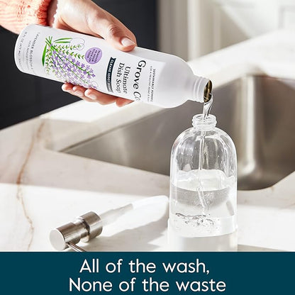 Grove Co. Dish Soap, 3 x 16 fl oz Refills + Refillable Glass Dispenser | Lavender Blossom & Thyme; Plastic-Free; Reusable dispenser; Refill format; Removes Stuck on Food; 98% plant-based ingredients