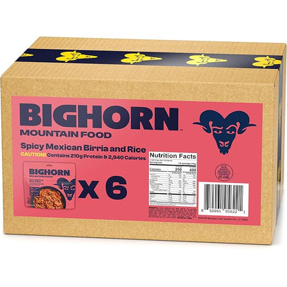 BIGHORN Mountain Food Spicy Mexican Birria and Rice - contains 6 packs | 12 servings | 210g Protein | 2,940 Calories - premium freeze dried meals for backpacking food - dehydrated camping food for backpacking meal - just add water - great taste