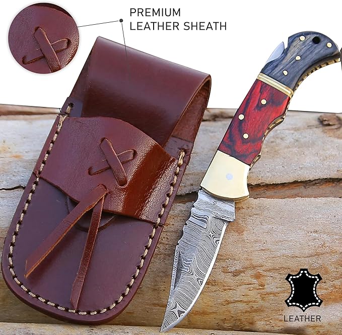 6.5 inch Damascus Pocket Knife with Sheath, Handmade Folding Pocket Knife for Men, Black-Red Wooden Handle with Brass Bolster, Secure Lock Back Camping Knife for EDC,Hunting,Hiking (Red)
