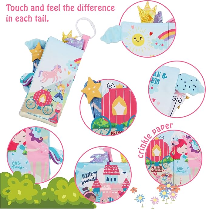 Unicorn Baby Books 0-6 Months Toys 6 to 12 Months, Touch Feel Cloth Crinkle Books for Babies,Infants, Soft Sensory Stroller Toys Baby Gifts Shower Items, Chweing Book, Easter Gift-Princess