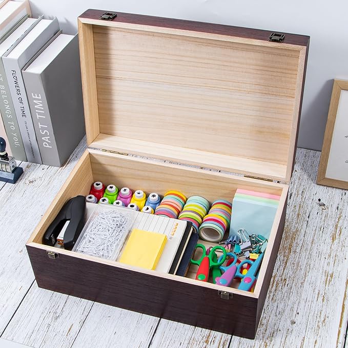 Wooden Storage Box with Hinged Lid and Front Clasp, 14''x9.4''x5.9'' Large Wood Storage Box, Wooden Boxes Wood Gift Boxes for Crafts Art Hobbies and Valentine's Day Decoration,Vintage Color