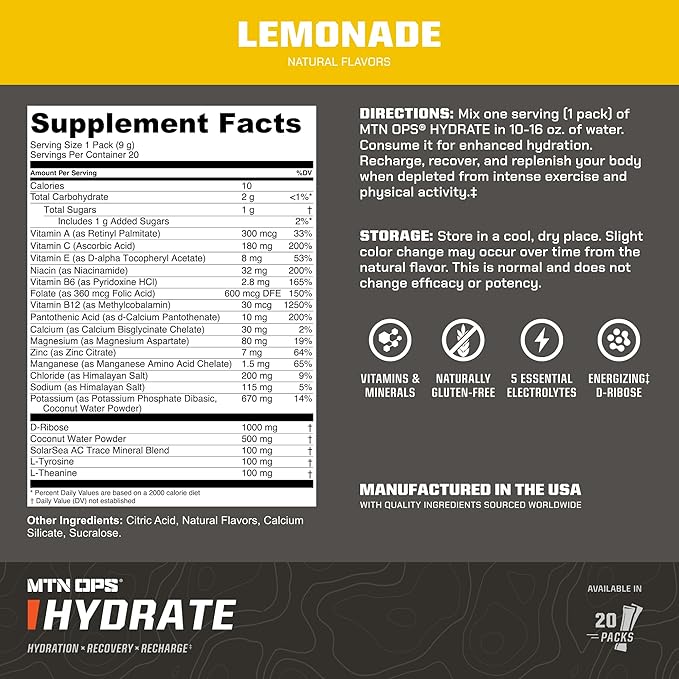 MTN OPS Hydrate Electrolytes Powder Drink Mix, 20 Single Serving On-The-Go Electrolyte Packs with Over 1000mg of Electrolytes per Serving, Lemonade