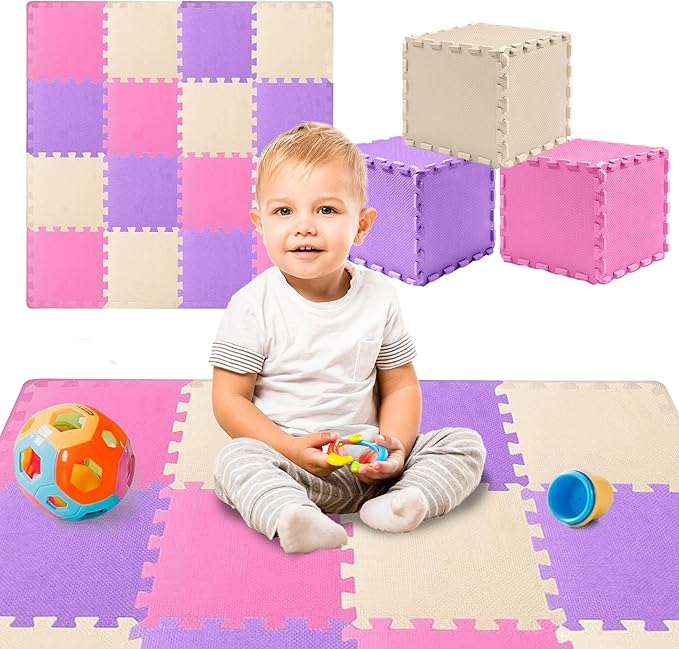 TOYVELT Ultimate Foam Play Mat Set 12x12-16 Interlocking Floor Tiles for Kids - Non Toxic, Colorful Foam Puzzle Mats - Safe and Durable - Ideal Play Mat for Toddlers 1-3 - Pink-Purple-Beige