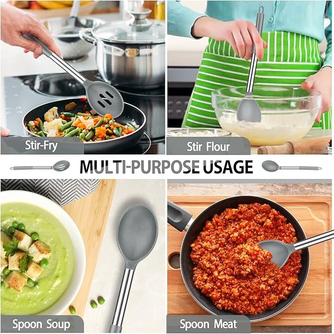 Pack of 4 Large Silicone Cooking Spatulas and Spoons, Slotted and Solid