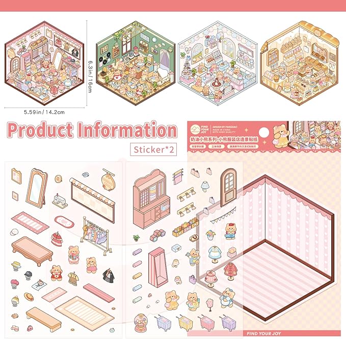 Girls 3D Miniature Scene Stickers, 4 Sets Mini Shop DIY House Stickers for Clothing Store, Coffee Shop, Bakery, Dessert Shop, Cute 3D Cartoon Sticker Scenes for Adult Kids Relief Stress Pass The Time