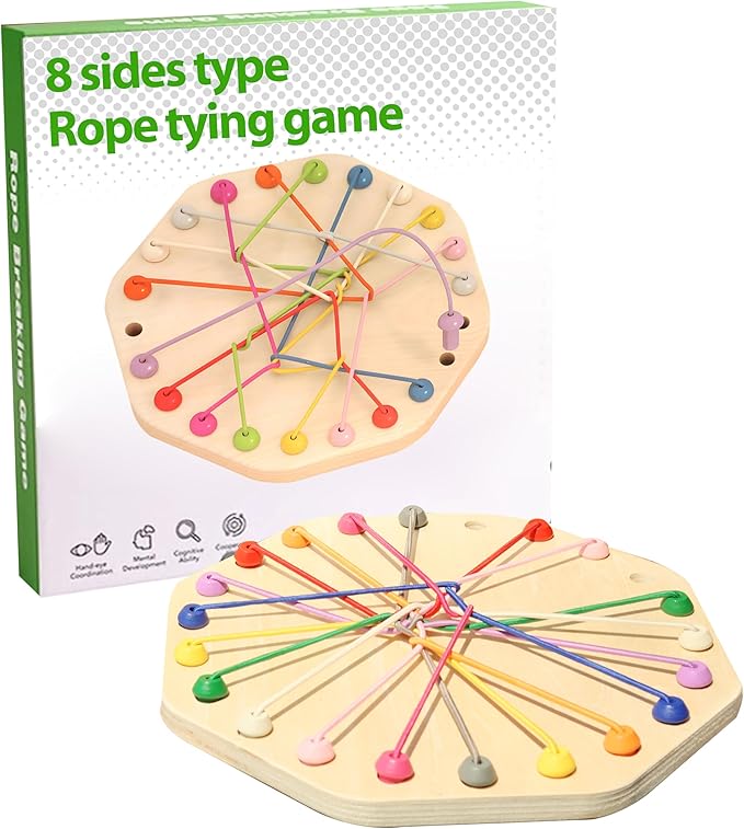 10-Piece Wooden Rope Untangling Puzzle Game–Knot Logic Board Toy for Kids & Family, Multi-Level Brain Teaser to Develop Fine Motor Skills